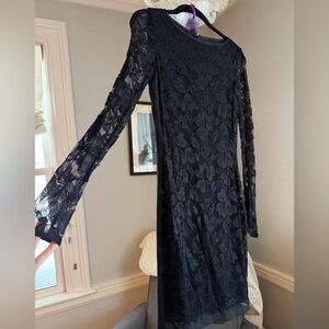 NWOT Diane Von Furstenberg Black Floral Lace Dress long sleeve silk lining